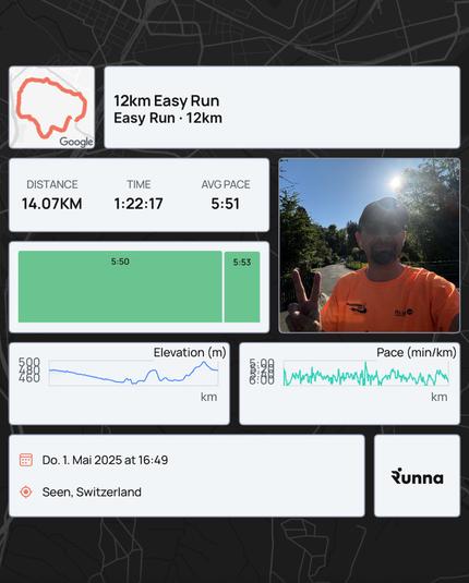 A person in an orange shirt is taking a selfie during a 12 km run in Switzerland, as detailed by the running stats and map on the interface.