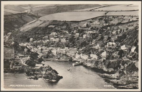 Monochrome real photographic postcard showing an aerial view of Polperro in Cornwall.

Published by Aero Pictorial Ltd, London, No 9028, c.1955.

Postally unused.

Very good condition, with very slight corner bumps.
