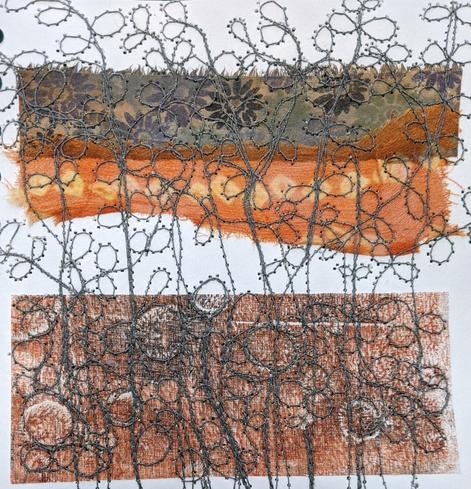 sketchbook page with 3 strips of patterned and painted fabric. browns/ rusts, with free machine stitch of vegetation over in dark grey