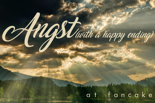 Photograph of a landscape with added text: Angst (with a happy ending), at Fancake. Sunlight radiates out from behind a mass of dark clouds, illuminating patches of blue sky and shining down on the forested shoreline of a placid lake.