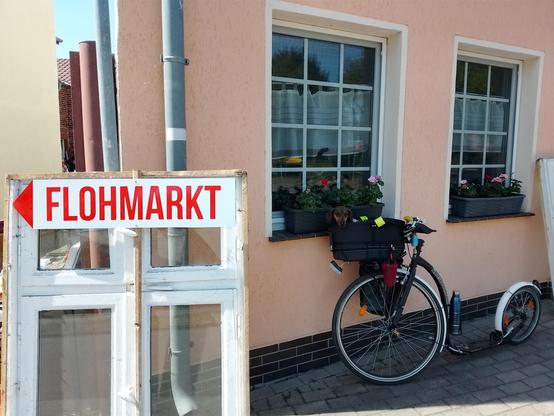 Der Tretroller mit Effie im Körbchen lehnt an einer Putzfassade eines Wohnhauses mit Sprossenfenstern. Vor dem Roller steht ein ausgebautes Holzfenster, an dem ein Hinweisschild mit der Aufschrift Flohmarkt angebracht ist. In den Blumenkästen am Wohnhaus wachsen Geranien.
