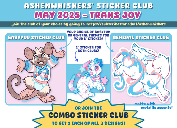 Ashenwhisker's sticker club - May 2025 - Trans Joy  General 3" - a white fox in a dreamy, drifty pose, with trans flag color bursting from a heart on their chest Babyfur 3" - a seal point mouse lifting their arms as if cheering, dressed in a trans pride hoodie Bonus 2" - a dalmatian puppy with trans coloring and a trans pride bandana, with several pink and blue stars behind them