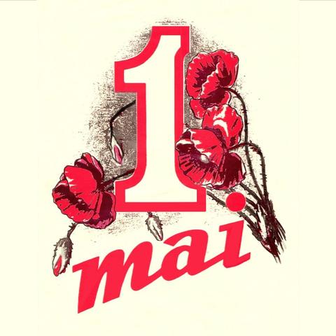 The image features a large, bold red number "1" with a white center, prominently displayed in the center. Below the number, the word "mai" is written in a flowing, cursive red font. Surrounding the number and text are red poppy flowers with black stems and leaves, adding a natural element to the design. The background is a light cream color, providing a neutral backdrop that allows the red elements to stand out. The overall composition is simple yet striking, with the red and cream colors creating a strong visual contrast.