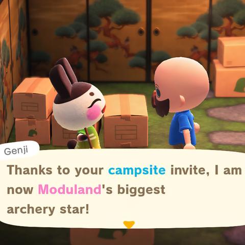 Animal Crossing: New Horizons screenshot. Image shows shows a bald, light skinned, bearded human in a blue polo shirt speaking to Genji (white faced rabbit with brownish ears) in his house (golden walls with trees on them and a swamp inspired floor) filled with cardboard boxes. Genji is saying, "Thanks for your campsite invite, I am now Moduland's biggest archery star!"