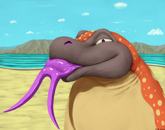 Portrait of a reddish orange, black, and cream colored gila monster with a beach background with mountains on the horizon and sparse clouds in the sky. They have a bit of a flirty smile on their face as they flick out their thick and purple forked tongue towards the viewer.