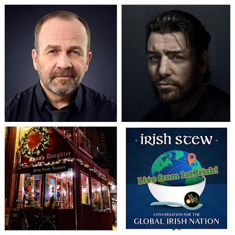 A four-panel image. Top left: Ciaran Byrne against a dark background. Top right: John Duddy against a dark background. Bottom left: The exterior of Ryan’s Daughter pub, decorated with lights and a wreath at night. Bottom right: The “Irish Stew” podcast logo with the tagline “Live from 1st Irish! Conversation for the Global Irish Nation,” featuring a globe in a bowl.
A four-panel image. Top left: Ciaran Byrne against a dark background. Top right: John Duddy against a dark background. Bottom left: The exterior of Ryan’s Daughter pub, decorated with lights and a wreath at night. Bottom right: The “Irish Stew” podcast logo with the tagline “Live from 1st Irish! Conversation for the Global Irish Nation,” featuring a globe in a bowl.