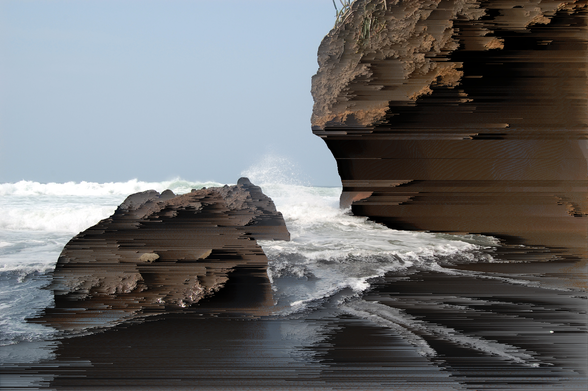 pixel sorted image of the Pacific Ocean waves crashing onto the cliffs. La Playa el Sunzal in El Salvador.
