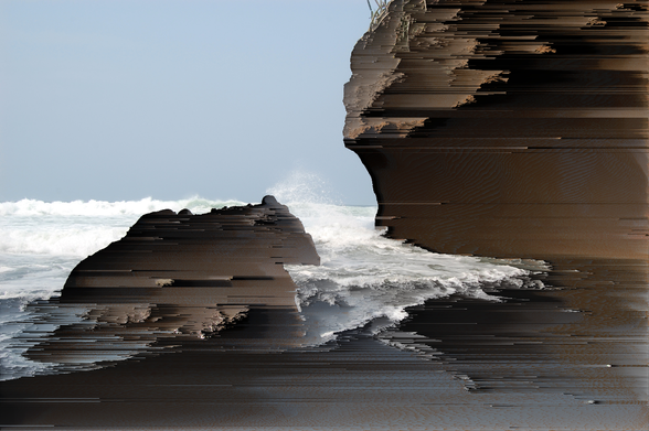 pixel sorted image of the Pacific Ocean waves crashing onto the cliffs. La Playa el Sunzal in El Salvador.
