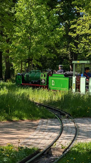 Das Bild zeigt eine grüne Parkeisenbahn, die auf einem Schienenweg durch einen sonnendurchfluteten Wald fährt.  Zwei Personen sind zu sehen, der Lokführer und ein weiterer Mitarbeiter im hinteren Waggon. Die Bahn ist klein und scheint für Kinder gedacht zu sein. Der Weg ist teilweise gepflastert, teils von Gras bewachsen. Die Szenerie wirkt idyllisch und friedlich.