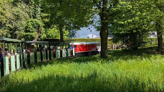 Das Bild zeigt einen grünen Personenzug mit roter Elektrozuglok, der durch eine grüne Landschaft fährt. Der Zug ist mit Passagieren besetzt, die aus den Fenstern schauen. Rechts vom Zug befindet sich ein Parkplatzschild. Die Umgebung ist von Bäumen und hohem Gras geprägt. Das Bild wirkt friedlich und idyllisch.