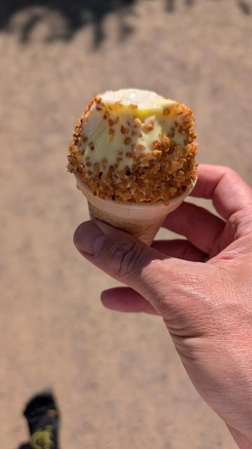 Ein Soft-Eis in meiner Hand.
Mit Krokant Streusel oben drauf.
Die Sorte ist Zitrone Vanille.