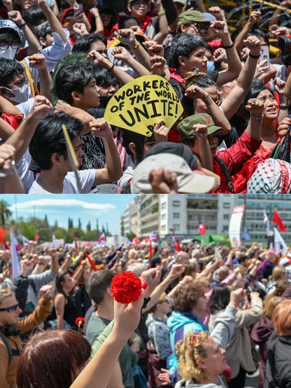 Two large crowds, one holding a "workers of the world unite!" sign, the other holding a flower
