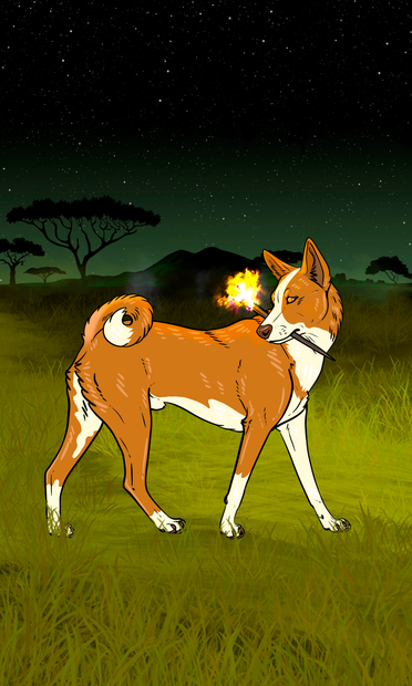 Digital art of a basenji dog walking to the right. He is looking back over his shoulder and holding a flaming stick in his mouth. The background is African plains at night.