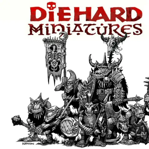 A group of orc and goblin miniatures stands prominently, showcasing a variety of characters in a detailed black and white illustration. The orcs are equipped with various weapons and armor, including a banner held by one figure, while goblins flank them, some wielding shields and spears. The title "DIE HARD Miniatures" is displayed at the top in bold, stylized lettering, adding to the overall fantasy theme of the image.