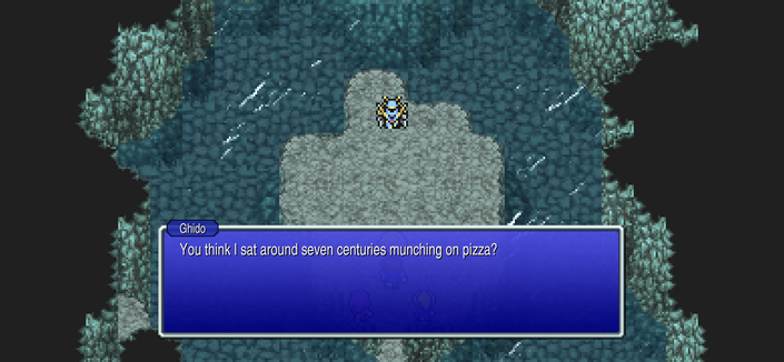 A 2D pixel remaster of FINAL FANTASY V. The main character stands at the edge of a river, facing the path ahead with a sense of anticipation.