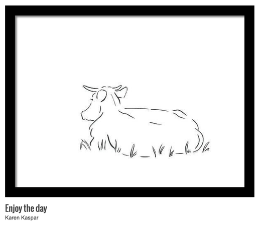Enjoy the Day is an ink drawing in landscape format drawn by the artist Karen Kaspar. A cow lies relaxed on a meadow and looks away from the viewer to the left. The drawing is drawn with a few minimalist strokes in black ink on a white background. The animal is enjoying the day and radiates calm and peace.