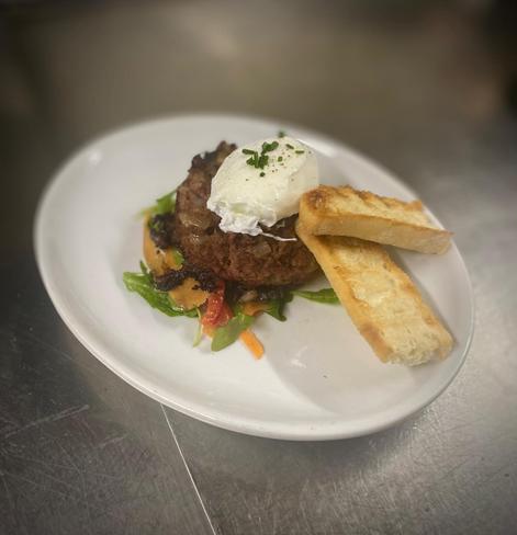 Corned Beef Hash fritter, poached egg.