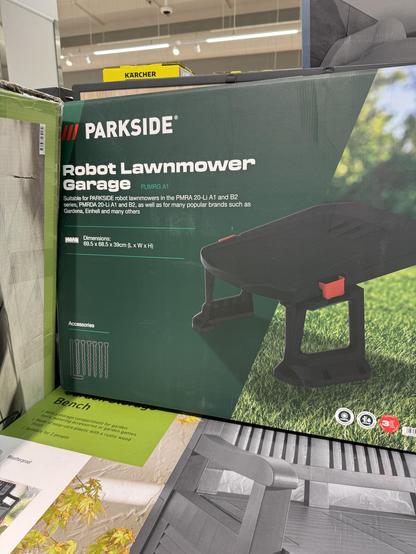 A box in a supermarket with the label
Robot Lawnmower Garage

Suitable for PARKSIDE robot lawnmowers