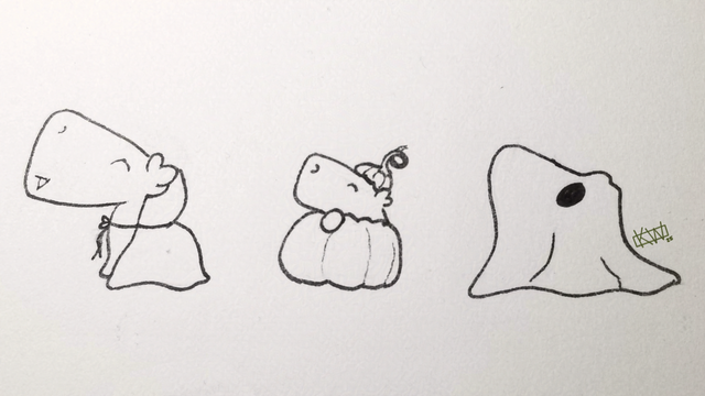 Ink drawing of 3 capybaras in Halloween costumes: a vampire, a pumpkin, & a ghost.