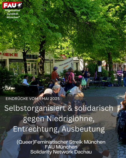 Eine Versammlung von ca 50 bis 60 Personen am Ersten Mai 2025 am Weißenburger Platz. Im Hintergrund stehen Bäume und viele Personen sitzen am Boden im Schatten. Es werden Reden gehalten und im Hintergrund hängt ein Banner des Feministischen Streiks.