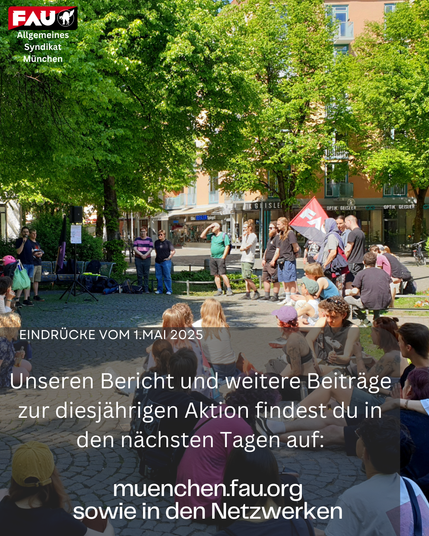 Versammlung am Weißenburger Platz unter Bäumen. Eine Person hält eine FAU Fahne in der Hand. Eine andere ein Mikrofon und hält eine Rede.