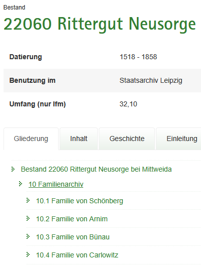 Screenshot von der Webseite des Sächsischen Staatsarchivs mit der Übersicht über die Gliederung des Bestands 22060 Rittergut Neusorge bei Mittweida, Detail zum Gliederungspunkt 10. Familienarchiv.