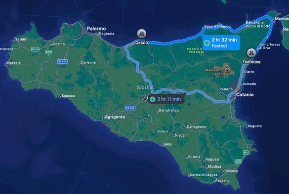 Mapa de Sicilia con la ruta entre Cefalù y Taormina (unas 2h y media de coche).