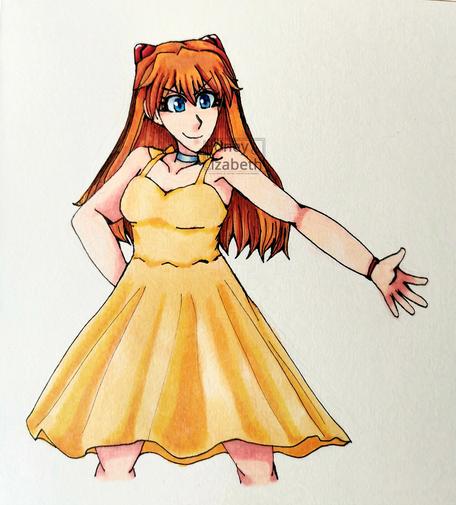 Drawing of Asuka Langley painted on paper as the "FELIZ JUEVES" meme