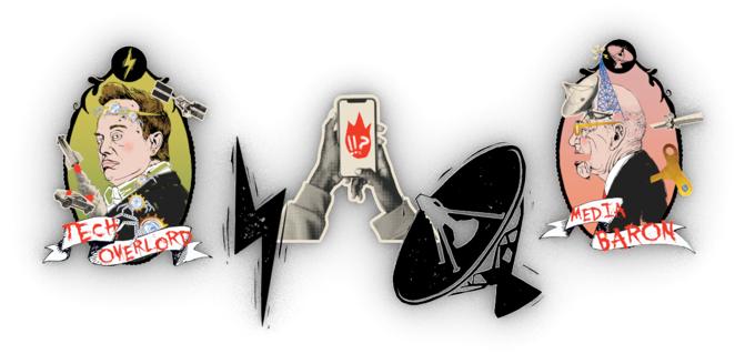 Collage of three items from the boardgame. On the left the avatar of the 'Tech Overlord' character, looking suspiciously as Elon Musk and on the right the Avatar of the 'Medi Baron' (probably also some known character, but not known to the author of this post).
In the middle is a collage of two hands holding a phone with some explosive icons showing, framed by a thunderbolt and a satellite dish.