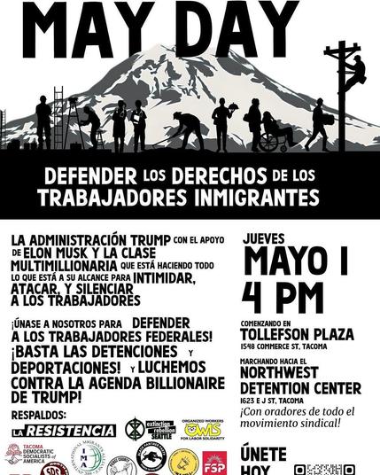May Day  black and white graphic flier topped by illustration of Mount Tahoma and silhouette in black of line of workers, including one on telephone pole