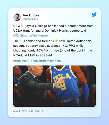 NEWS: Loyola Chicago has landed a commitment from UCLA transfer guard Dominick Harris, source told @On3sports. 

The 6-3 senior and former 4⭐️ saw limited action this season, but previously averaged 14.3 PPG while shooting nearly 45% from three (one of the best in the NCAA) at LMU in 2023-24.

https://t.co/WZo1PA2mFr