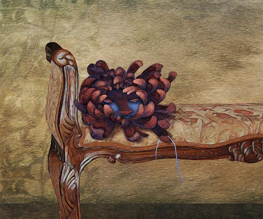 In a stark brownish room, in front of a wallpaper decorated with symbols, sits a rather unusual, disgruntled pinecone-shaped creature on a Chenille upholstered bench. Grasped in one of its multiple claws, a broken piece of blue yarn. This explains the mildly distressed expression on its face, with is barely hidden within the cone. Underneath the chair, the full skein safely resides, away from its occupants ire. You cannot hear it, but it is growling without humor. I highly recommend staying far away, for the time being. :-)
