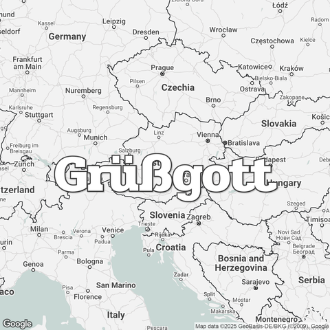 Map of Austria overlaid with a translation of the word "hello": Grüßgott.