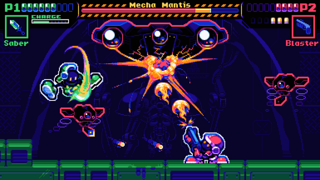 Pixel art mock-up of a "run and gun" style shooter game, where two player characters - stylized green and red robot soldiers labeled P1 and P2 - battle against bug-like robot enemies in an industrial environment. At the center of the screen, the head of a  large mechanical insect labeled "Mecha Mantis" can be seen, being pelted by the shots of P2's Blaster. Mecha Mantis's body looms threateningly far into the background. P1 wields a laser sword labeled "Saber", and is mid-swing about to strike one of the minor drones assaulting the party.