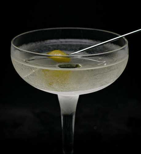 the cocktail itself in a chilled coupe and garnish with a cocktail onion