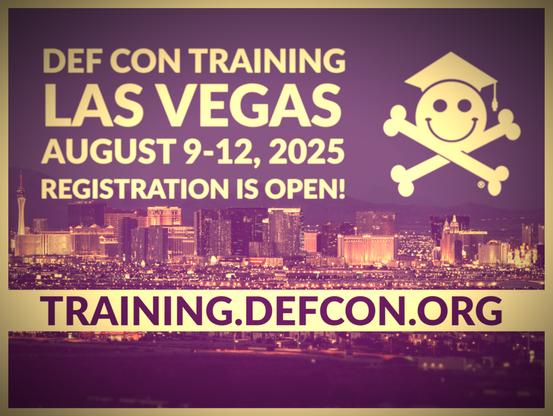 DEF CON Training logo over the Vegas night skyline
