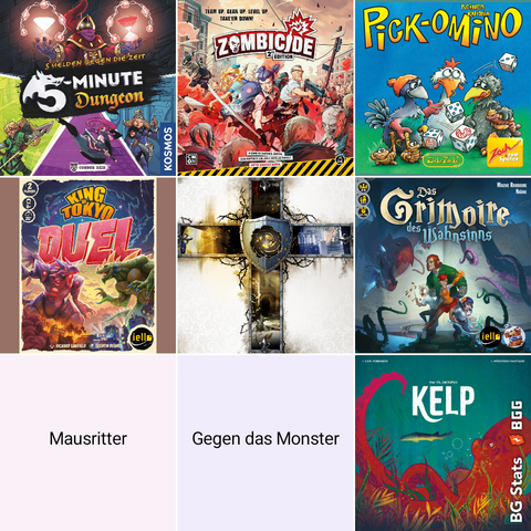 3 x 3 Raster mit Cover der Spiele. Oben links beginnendie nach unten rechts:
5-Minute Dungeon;
Zombicide: 2nd Edition;
Heckmeck;
King of Tokyo: Duel;
Black Rose Wars: Duel – Lex;
Das Grimoire des Wahnsinns;
Mausritter;
Gegen das Monster;
Kelp: Hai vs Oktopus.