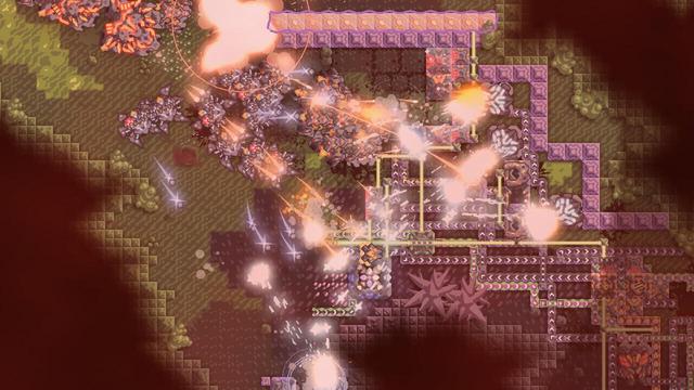 🕶️ A bird's-eye view of a game partially obscured by the fog of war, with one player's factory of conveyor belts moving raw materials attacked by aliens in a very violent battle.

📚️ Mindustry is a single-player / multi-player, libre and multi-platform game, mixing tower defense and sandbox factory building, reminiscent of Factorio. Player(s) build elaborate supply chains equipped with conveyor belts to supply their turrets with ammunition, produce materials to be used for building, and protect their structures from waves of enemies. It offers a technology tree, campaigns, a map editor, and large scale, multi-platform, multi-player battles.
