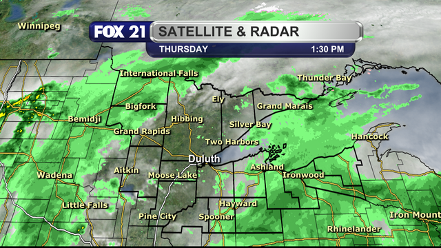 The satellite and radar over the Northland at 1:30 p.m. on Thursday, May 1, 2025, shows a line of showers over Koochiching and Itasca counties that is moving from west to east.  We also have a blob of showers over most of northwest Wisconsin and the Upper Peninsula, moving from southwest to northeast.  The space in-between is seeing isolated showers and a few breaks in the cloud cover.