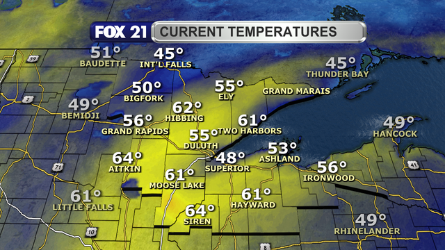 Temperatures in the Northland just after 1 p.m. on May 1, 2025, range from 45 to 64 degrees Fahrenheit.