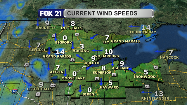 Wind speeds in the Northland just after 1 p.m. on May 1, 2025, range from calm to 14 mph.  Wind direction is primarily from the north, with a lake breeze coming off Lake Superior.