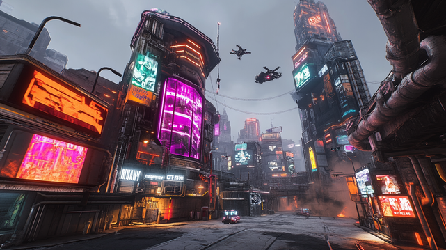 Ruelle Néon.
Rue urbaine futuriste baignée de néons vifs, drones en vol et architecture cyberpunk massive sous un ciel gris industriel.
Futuristic urban street bathed in vivid neon lights, flying drones, and massive cyberpunk architecture under an industrial grey sky.