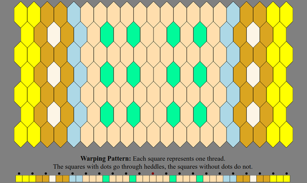 An Inkle weaving diagram and warping pattern in the color sequence listed in the text description: The warping pattern is a line of colored boxes with small dots above every other one, above which it states: "Warping Pattern: Each square represents one thread. The squares with dots go through heddles, the squares without dots do not." The weaving diagram is a series of tessellated lozenge shaped tiles illustrating how the pattern will appear when woven.
