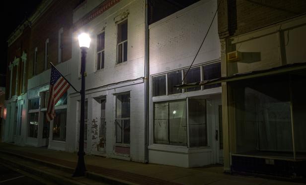 street scene late at night of Jonesboro, Alabama before Labor Day in 2012