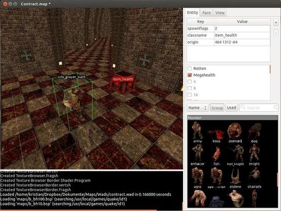 🕶️ A view of its UI, with scene rendering on the main left (a room with character placement in the center), an editor message area below, and parameter boxes on the right (including a preview of various Quake1 monsters).

📚️ TrenchBroom is a libre, multi-platform level editor for games based on the Quake engine (including Quake, Quake 2, Quake 3 in part, Hexen 2 and Daikatana). It's easy to use and provides a wide range of simple and advanced tools for easily creating complex and interesting levels. It notably features full support for 3D editing, high-performance rendering with support for gigantic maps, unlimited Undo/Redo, linked groups, issue browser with automatic quick fixes, support for external compiler execution with game engine launch, automatic save, entity browser with drag-and-drop support.