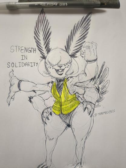 Sketch by Tealful Eyes of an anthropomorphic Sea Bunny posed in a safety vest next to the caption "Strength in Solidarity"