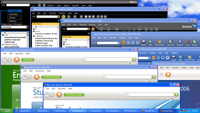 Encarta 2001, 2002, 2003, 2004, 2005, 2006, 2007, Microsoft Student 2008, & 2009 running at the same time in a Windows XP Virtual Machine.