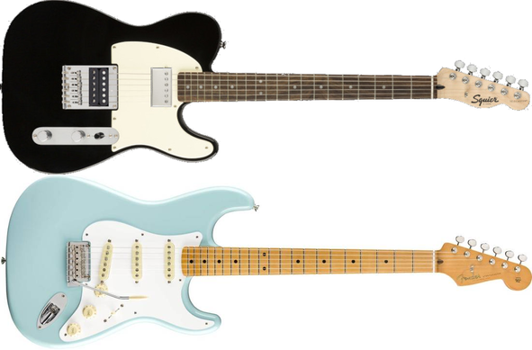 Representations of my two guitars - on top is a black Squier Telecaster HH with two humbuckers and a white pick guard. Bottom is a Daphne blue Fender Stratocaster SSS with three single coil pickups.
