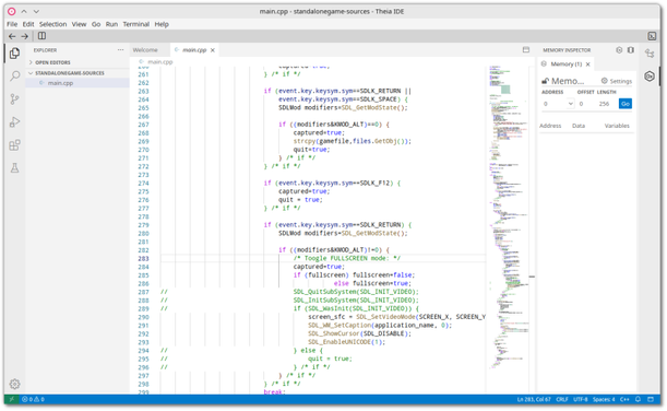 🕶️ A view of its UI (on a light theme, on my PC) with an example of source code (that of the game The Maze Of Galious remake, in C++) on the main part in the centre (the layout of its UI is flexible, you can also detach its windows), above the 'Welcome' and current source tabs, at the top its main menus, on the left other menu icons and the project/file explorer, on the right the memory explorer (I didn't use it in my example).

📚️ Eclipse Theia (since 2018 a project of the Eclipse Foundation) is a libre, multi-platform, flexible and extensible framework for the development of IDEs and Cloud and Desktop tools using web technologies. 
Theia IDE is a libre, multi-platform, non-intrusive IDE based on this technology, enabling it to run on the desktop or in the browser. It uses the LSP (Language Server Protocol) and DAP (Debug Adapter Protocol) protocols, and the Monaco code editor, and is compatible with VS Code extensions (3,600 extensions), all the while being libre, open, and privacy-friendly.