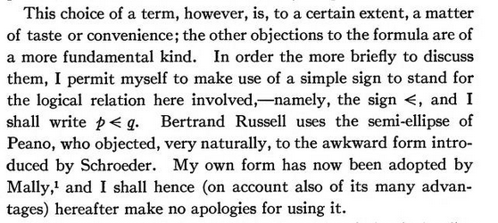 Screenshot of a paper on logic by Christine Ladd-Franklin: "This choice of a term, however, is, to a certain extent, a matter of taste or convenience; the other objections to the formula are of a more fundamental kind. In order the more briefly to discuss them, I permit myself to make use of a simple sign to stand for the logical relation here involved,—namely, the sign (in question), and I shall write p (the sign in question) q. Bertrand Russell uses the semi-ellipse of Peano, who objected, very naturally, to the awkward form introduced by Schroeder. My own form has now been adopted by Mally, and I shall hence (on account also of its many advantages) hereafter make no apologies for using it."